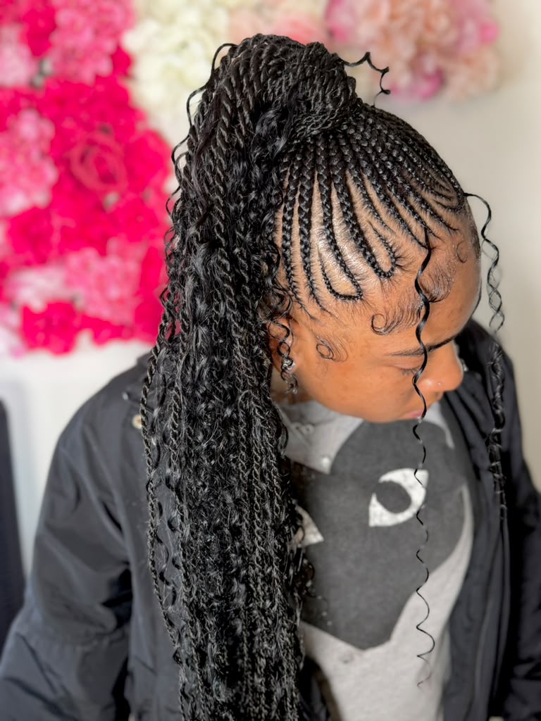Braided updo with curly ponytail